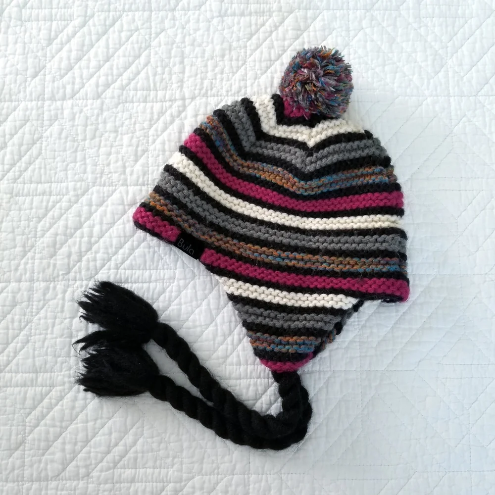 Bula Stripe Wool Knit Pom Pom Ear Flap Tassel Fleece Lined Hat Made In Canada